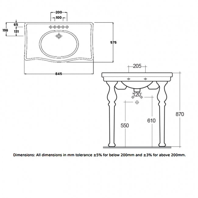 RAK Console Alexandra Basin with Ceramic Legs 850mm Wide - 3 Tap Hole