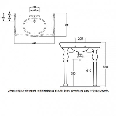 RAK Console Alexandra Basin with Ceramic Legs 850mm Wide - 1 Tap Hole