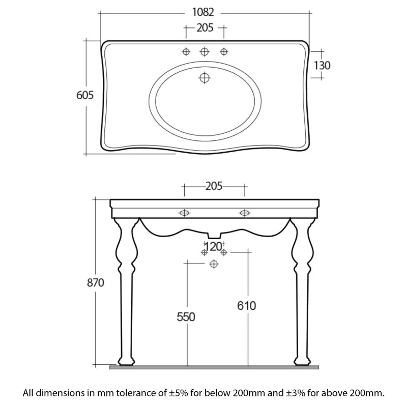 RAK Console Deluxe Basin with Ceramic Legs 1050mm Wide - 1 Tap Hole