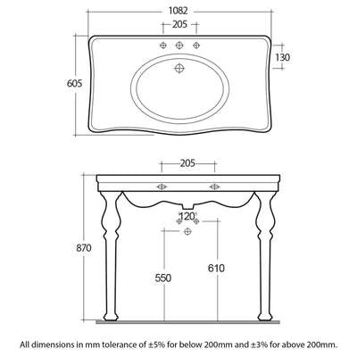 RAK Console Deluxe Basin with Ceramic Legs 1050mm Wide - 1 Tap Hole