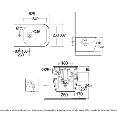 RAK Feeling Wall Hung Bidet 525mm Projection 1 Tap Hole - Matt Grey