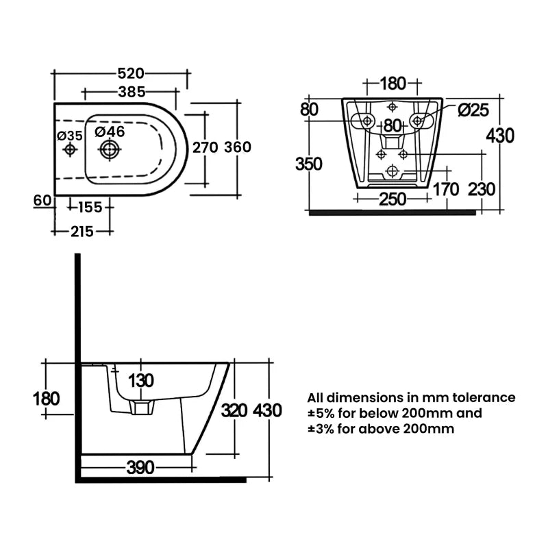 RAK Feeling Rimless Wall Hung Bidet 520mm Projection - Matt Grey