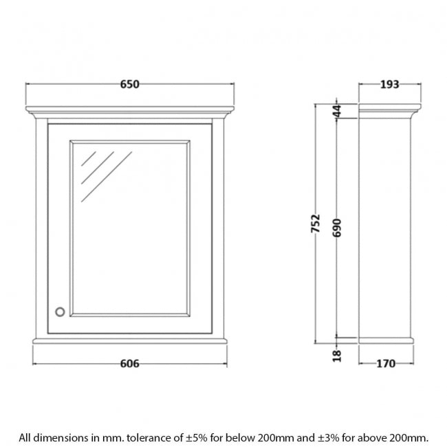 RAK Washington Mirrored Bathroom Cabinet 650mm W x 750mm H - Black