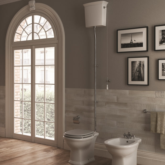 RAK Washington High Level Toilet with Horizontal Outlet - Grey Soft Close Wood Seat