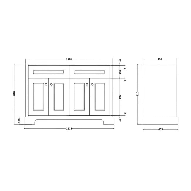 RAK Washington Traditional Floor Standing 4 Door Vanity Unit 1200mm Wide - Grey Inc Black Marble Top & Splashback