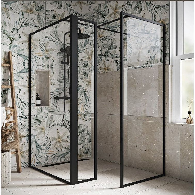 Hopper Black Clear Glass Shower Screen 1080mm & 300mm Single Frame Return Panel N23