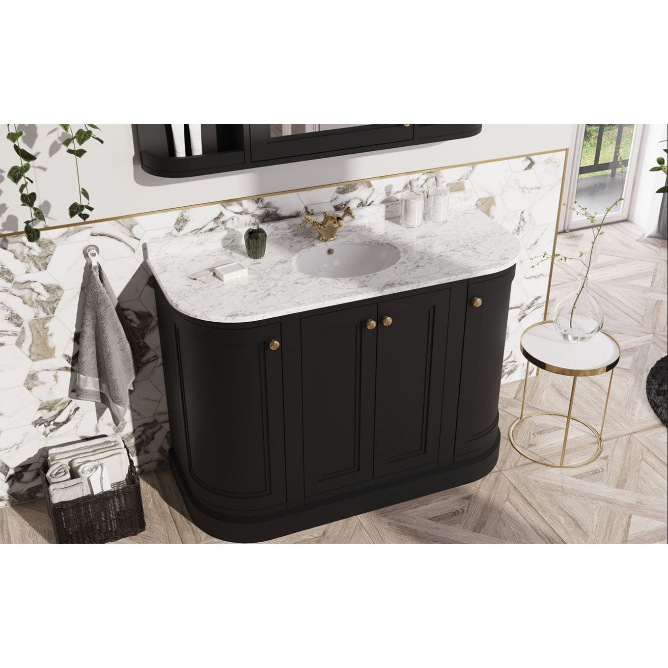 Louise 1200mm Curved Floor Standing Vanity Unit in Matt Black with Worktop and Ceramic Basin