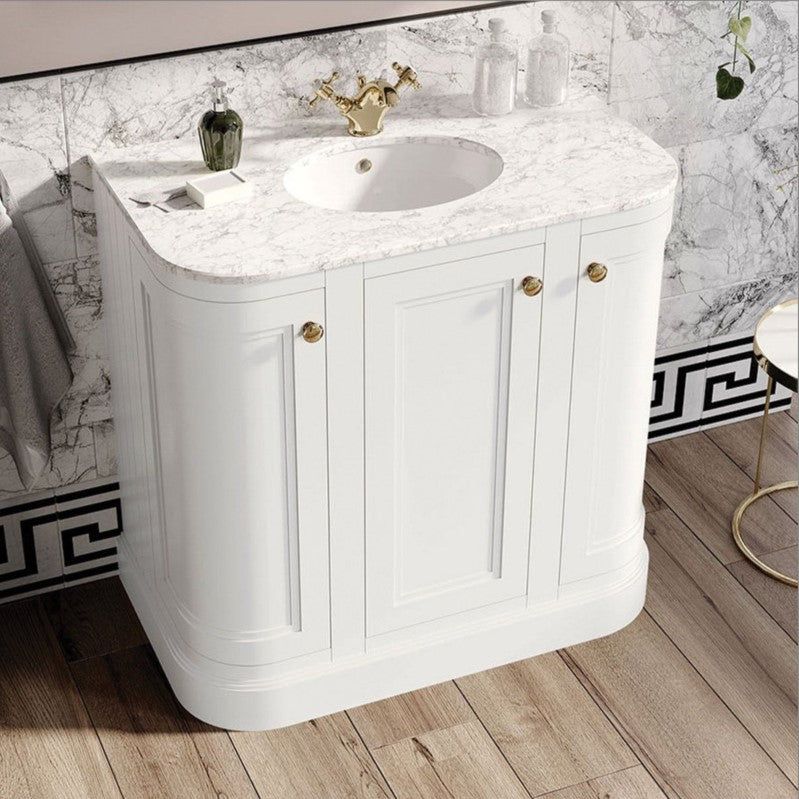 Louise 900mm Curved Vanity Unit in Matt White with Marble Top and Ceramic Basin