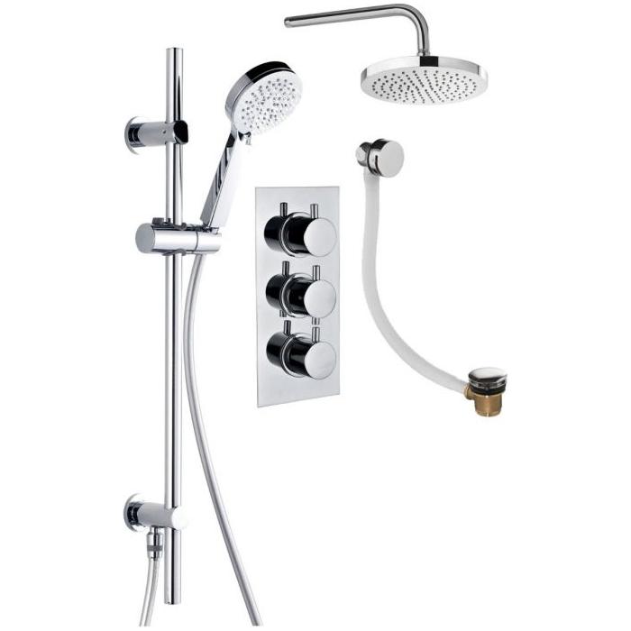 Arkansas Triple Outlet Concealed Valve with Round Shower Head, Slide Rail Kit & Overflow Filler