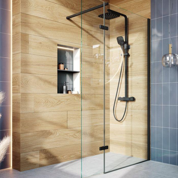 Roman Wetroom Walk in Glass Screens with Hinged Panel Black - 1100 + 350mm