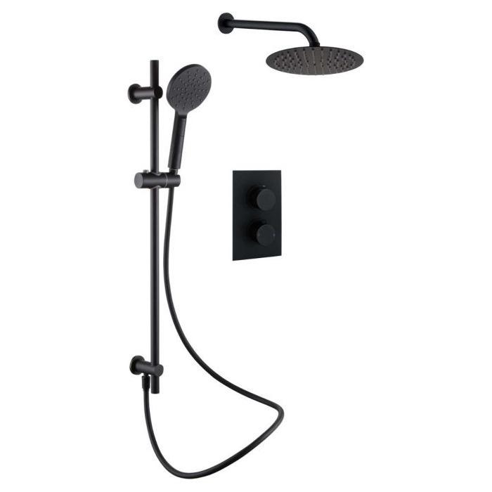 Liberty Round Double Outlet Valve with Slide Rail Kit, Shower Head and Arm - Black