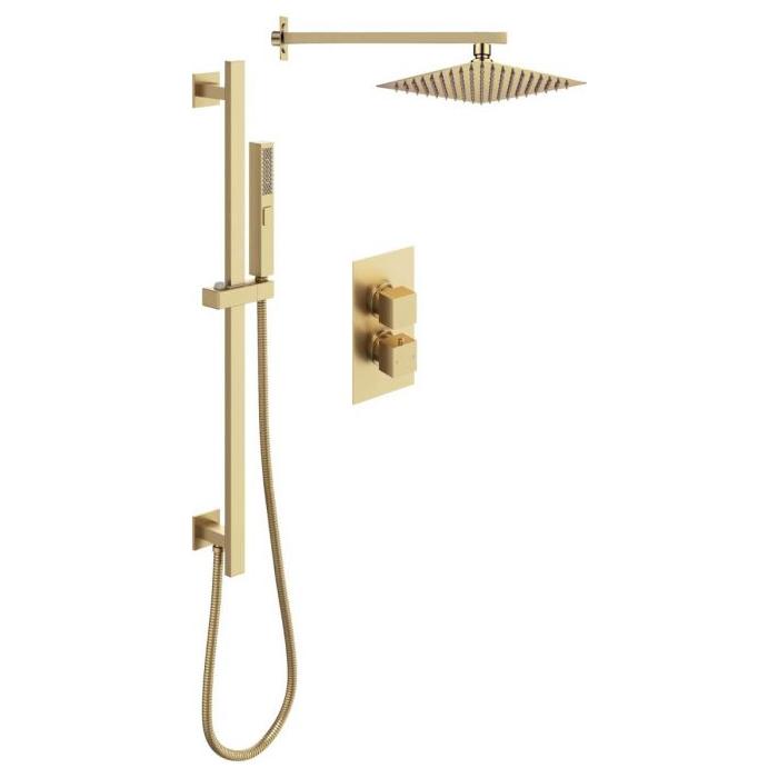 Liberty Square Double Outlet Valve with Slide Rail Kit, Shower Head and Arm - Brushed Gold