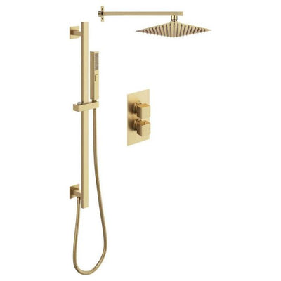 Liberty Square Double Outlet Valve with Slide Rail Kit, Shower Head and Arm - Brushed Gold