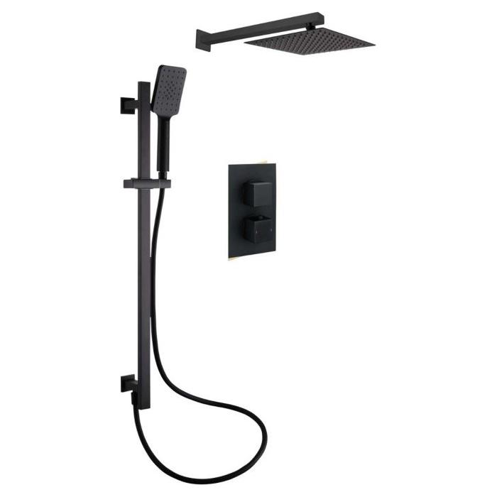 Liberty Square Double Outlet Valve with Slide Rail Kit, Shower Head and Arm - Black