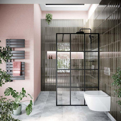 Hopper Black Grid Frame Crittall Shower Screen - 1080mm