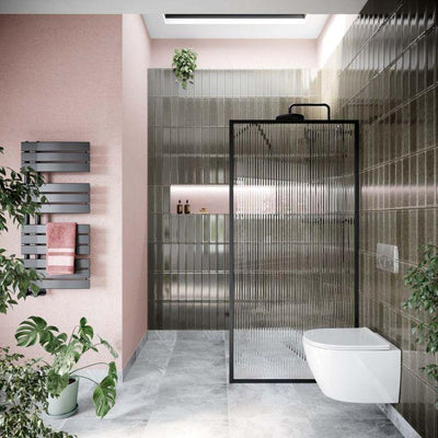 Hopper Black Frame Shower Screen - Fluted Glass 680mm