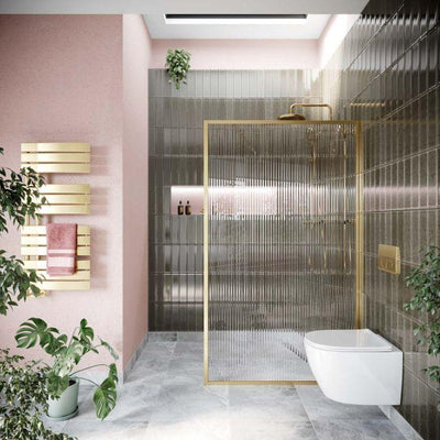 Hopper Brushed Gold Frame Shower Screen - Fluted Glass 1080mm