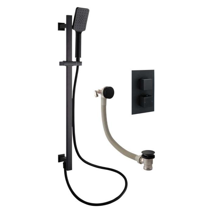 Liberty Square Double Outlet Valve with Slide Rail Kit and Bath Filler - Black