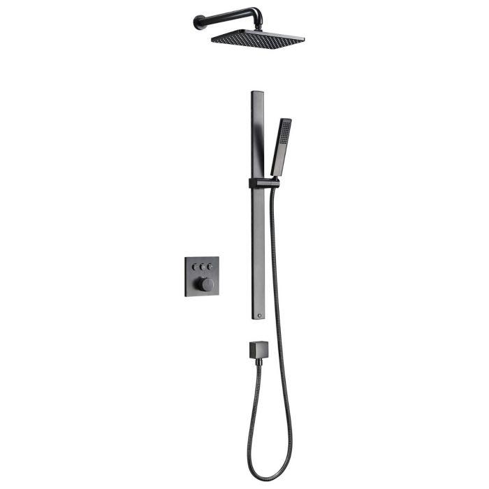 Monaco Square Triple Outlet With Slide Rail Kit, Shower Head , Arm & Bath Overflow - Gunmetal