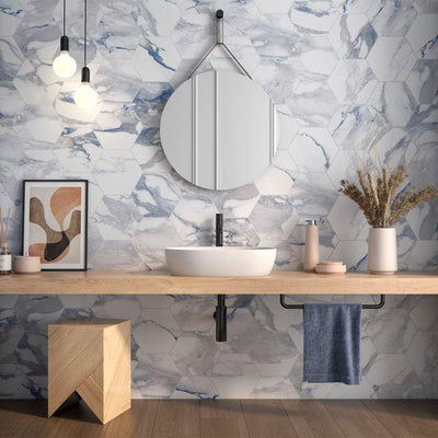 Nome Blue Hex Marble Matt Porcelain Tile – 290x258mm