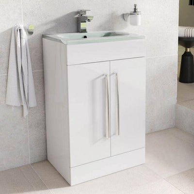 Veto 600mm Gloss White Floorstanding Vanity Unit with White Glass Basin - Interiors Home Stores