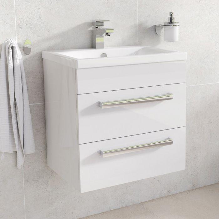 Veto 600mm Wall Mounted Vanity Unit Gloss White With Ceramic Basin - Interiors Home Stores