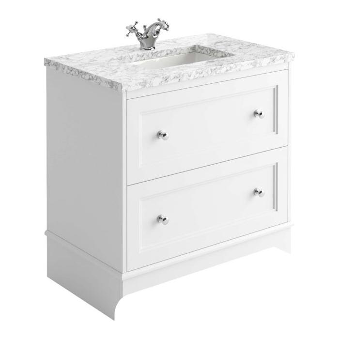 York 1000mm Vanity Unit in Matt White with Marble Worktop & Ceramic Basin - Interiors Home Stores